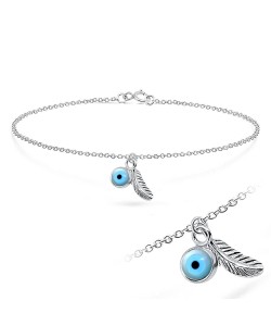 Feather with Eye Shaped Silver Anklet ANK-208n